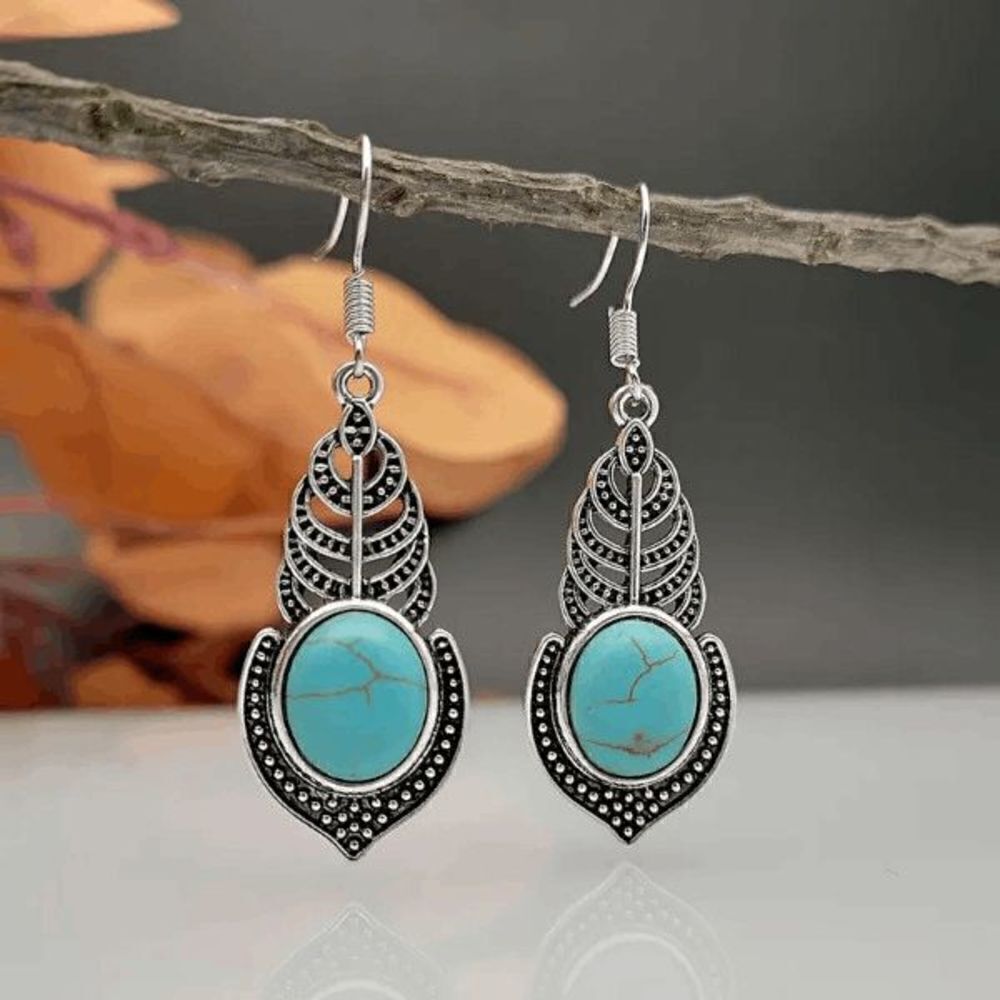 Bohemian Oval Cut Turquoise Dangle Leaf Earrings